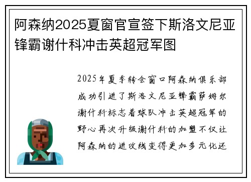 阿森纳2025夏窗官宣签下斯洛文尼亚锋霸谢什科冲击英超冠军图 阿森纳2025夏窗官宣签下斯洛文尼亚锋霸谢什科冲击英超冠军图